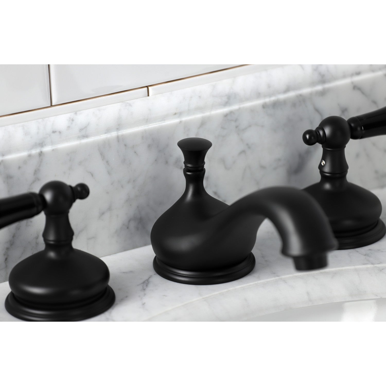 Kingston Heirloom KS1160PKL - Duchess Two-Handle 3-Hole Deck Mount Widespread Bathroom Faucet with Brass Pop-Up, Matte Black — thumbnail 3